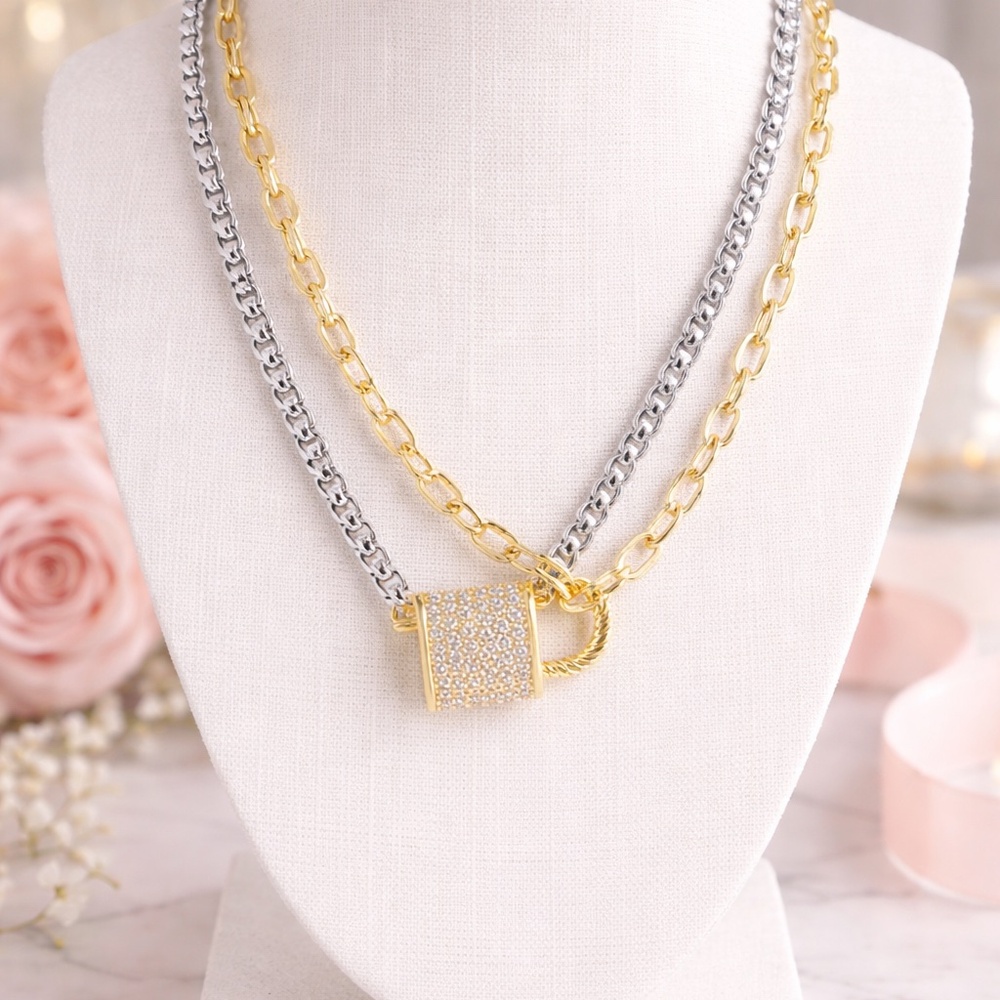 Mixed Metal Layered Padlock Necklace – Gold Paperclip & Silver Chain with Sparkl